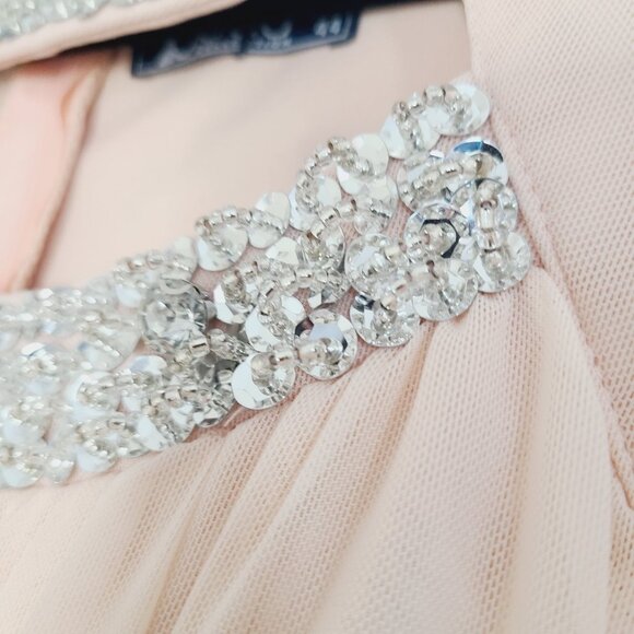 Blush Pink Sleeveless Maxi Dress With Silver Sequin Detailing & Pleated Design - Picture 4 of 13